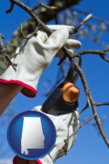 alabama map icon and a tree being trimmed with pruning shears