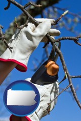 pennsylvania map icon and a tree being trimmed with pruning shears